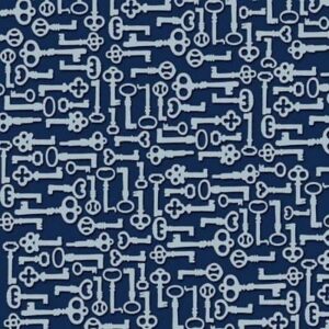 A pattern of various key silhouettes is displayed in light blue against a dark navy background creating a repetitive and uniform design with diverse shapes and sizes of keys.