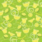 Yellow margarita glasses filled with drinks are scattered on a vibrant green background alongside lime slices and scattered handwritten text that reads Urbu Arriba and Viva la Margarita