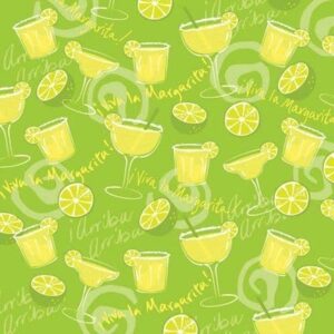 Yellow margarita glasses filled with drinks are scattered on a vibrant green background alongside lime slices and scattered handwritten text that reads Urbu Arriba and Viva la Margarita