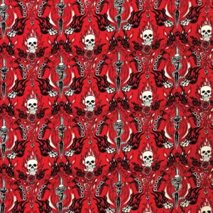 A repeating pattern features aggressive skulls swords roses and flames on a vibrant red background creating a bold and intense visual motif suitable for various design applications.