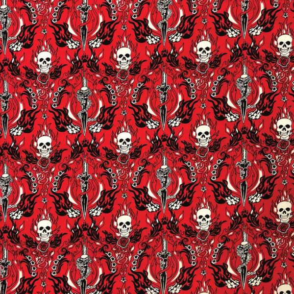 A repeating pattern features aggressive skulls swords roses and flames on a vibrant red background creating a bold and intense visual motif suitable for various design applications.