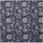 A square fabric displays intricate white floral and paisley patterns on a dark blue background creating a visually appealing design suitable for various textile applications.