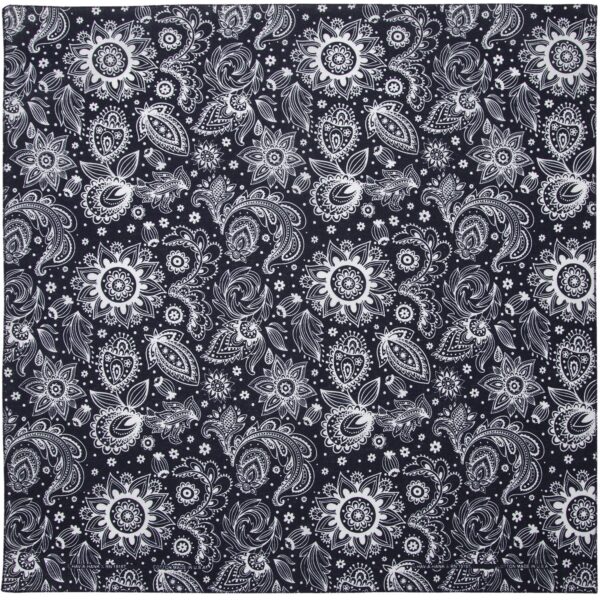 A square fabric displays intricate white floral and paisley patterns on a dark blue background creating a visually appealing design suitable for various textile applications.