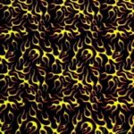 A repeating pattern of stylized yellow and orange flames on a black background creates a vibrant and energetic visual effect that suggests movement and intensity throughout the design.
