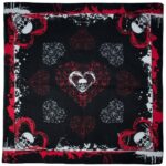 A square fabric features a pattern of red and white skulls surrounded by ornate hearts on a black background with splattered designs creating a bold and gothic aesthetic.