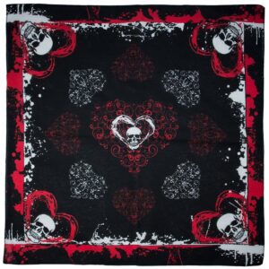 A square fabric features a pattern of red and white skulls surrounded by ornate hearts on a black background with splattered designs creating a bold and gothic aesthetic.