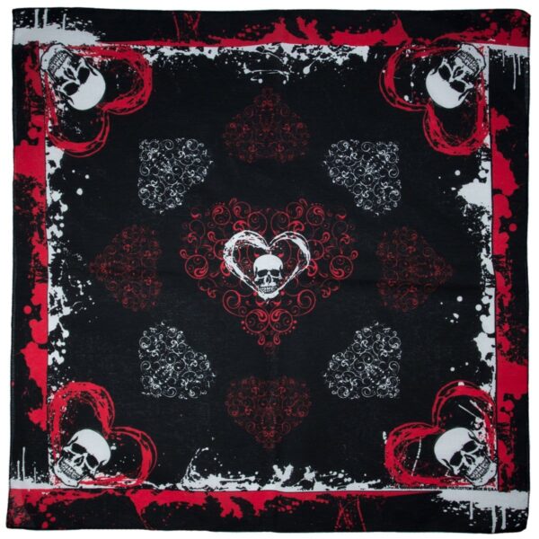 A square fabric features a pattern of red and white skulls surrounded by ornate hearts on a black background with splattered designs creating a bold and gothic aesthetic.