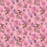 A pink patterned fabric features intertwined designs of skulls roses and decorative elements against the background creating a playful yet edgier aesthetic suitable for various craft projects.