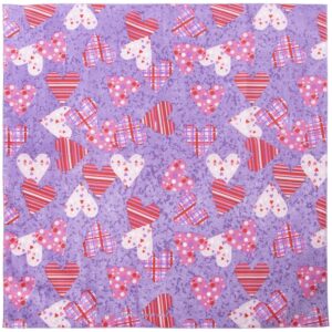 A patterned fabric features various heart shapes in red pink and white against a purple background with a subtle texture showcasing polka dots stripes and patches arranged randomly across the surface.