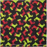 A patterned fabric features alternating green and red elf hats on a black background with white polka dots creating a festive design suitable for holiday decorations or crafts.