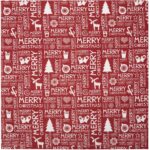 A festive red fabric features a repeated pattern of white text and symbols including "MERRY CHRISTMAS" alongside trees snowflakes hearts deer and candy canes creating a cheerful holiday theme