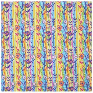 A patterned fabric features vertical stripes of vibrant colors with floral designs including pink and blue flowers intertwined with green leaves and abstract lines against a bright yellow background