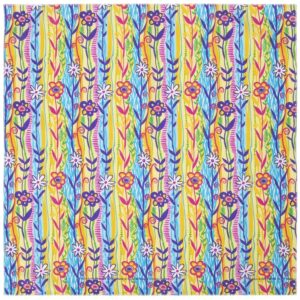 A patterned fabric features vibrant flowers in pink and purple surrounded by colorful green and blue vines on a bright yellow background creating a lively  cheerful aesthetic.