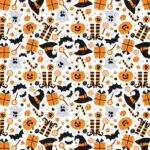 A variety of Halloween-themed objects are scattered across a white background including pumpkins with faces black bats striped socks candy canes and ghost figures creating a festive atmosphere.