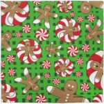 Gingerbread figures and peppermint candies are scattered across a bright green background featuring a checkered pattern  creating a festive and cheerful holiday theme.