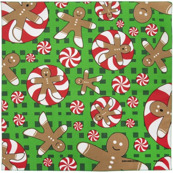 Gingerbread figures and peppermint candies are scattered across a bright green background featuring a checkered pattern  creating a festive and cheerful holiday theme.