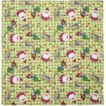 A patterned fabric features cartoon Santas and reindeer engaged in cheerful activities surrounding colorful gifts set against a light green diamond background decorated with red and blue accents.