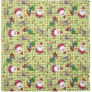 A patterned fabric features cartoon Santas and reindeer engaged in cheerful activities surrounding colorful gifts set against a light green diamond background decorated with red and blue accents.