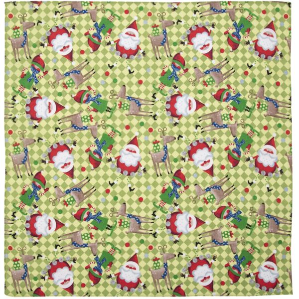 A patterned fabric features cartoon Santas and reindeer engaged in cheerful activities surrounding colorful gifts set against a light green diamond background decorated with red and blue accents.