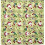 A patterned fabric features cartoonish Santa Clauses and reindeer in festive attire joyfully holding gifts on a bright green and checkered background with playful red and green accents.