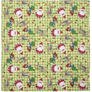 A patterned fabric features cartoonish Santa Clauses and reindeer in festive attire joyfully holding gifts on a bright green and checkered background with playful red and green accents.