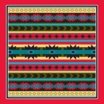 A patterned textile features horizontal stripes in vibrant colors including red blue green and yellow displaying geometric shapes and symmetrical designs against a solid red background.