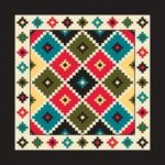 A square geometric pattern features colorful diamonds in red green blue yellow and black arranged in a symmetrical design on a cream background framed by a black border.