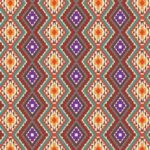 A repeating geometric pattern features colorful diamond shapes in purple orange and cream hues arranged in a symmetrical layout set against a light background.