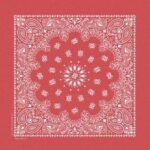 A red bandana features intricate white patterns including paisley designs and a floral motif at the center creating a symmetrical  decorative appearance suitable for various uses.