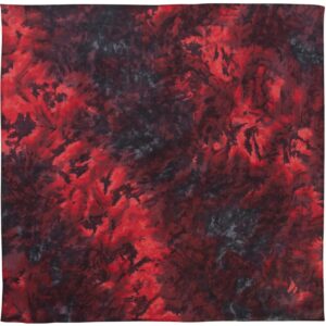 A square fabric displays an abstract pattern of dark and vibrant red hues intermingled with black shades creating a dynamic visual effect suitable for various textile uses