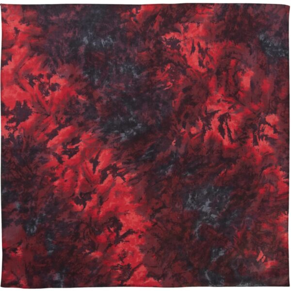 A square fabric displays an abstract pattern of dark and vibrant red hues intermingled with black shades creating a dynamic visual effect suitable for various textile uses