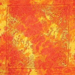 A vibrant square bandana featuring shades of orange and yellow with intricate paisley patterns along the borders creating a warm and lively textile design suitable for fashion or decoration.
