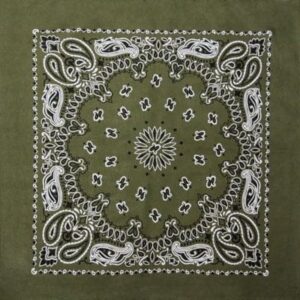 A green bandana features intricate white paisley patterns and floral motifs in a symmetrical design  resting flat on a neutral background.