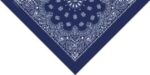 A blue bandana patterned with white paisley designs lies flat against a light background showcasing its intricate details with a classic and symmetrical floral motif.