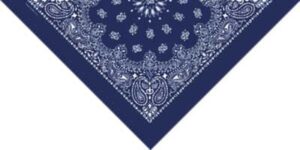 A blue bandana patterned with white paisley designs lies flat against a light background showcasing its intricate details with a classic and symmetrical floral motif.