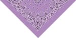 A purple bandana with intricate white paisley patterns is displayed in the foreground against a plain background emphasizing its design and fabric texture