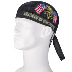 A black bandana is worn on a mannequin head featuring a skull design and American flags with the text BECAUSE OF THE BRAVE. The background is light and uncluttered.