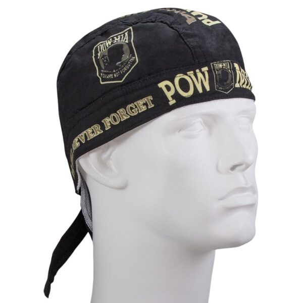 A black cloth headband is displayed on a mannequin head featuring the text "POW-MIA NEVER FORGET" and military insignias symbolizing remembrance of prisoners of war and missing in action.