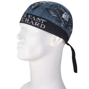 A blue and black skull-themed bandana is worn on a mannequin's head with a smooth surface showing the designs including letters and skulls in a simplistic display setting.