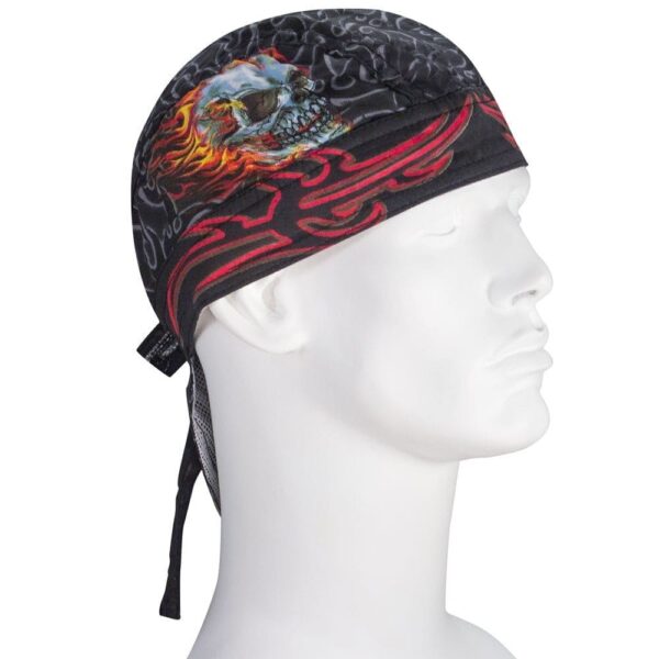 A black bandana-style head wrap features a skull design with flames and tribal patterns. It is worn on a mannequin's head  positioned upright against a plain background.