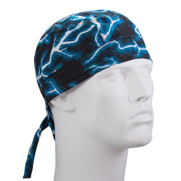 A black and blue patterned headscarf is tied around a smooth mannequin head showcasing a profile view against a plain white background.