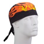 A black and orange flame-patterned bandana is displayed on a mannequin head looking slightly to the side in a neutral background atmosphere.