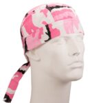 A pink camouflaged bandana is displayed on a mannequin head the bandana features black accents and ties at the back creating a stylish functional look suitable for various activities