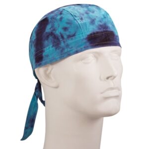 A headband is worn on a mannequin head displaying a blue and teal tie-dye pattern with matching ties at the back in a neutral background setting.