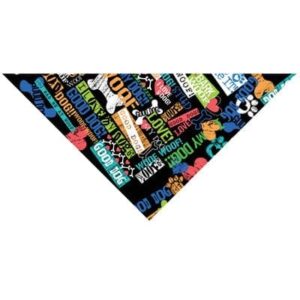 A triangular bandana features colorful text and graphic designs related to dogs such as "good dog" and paw prints set against a black background creating a playful pet-themed accessory.