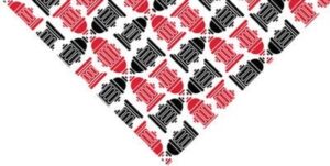 A repeating pattern of fire hydrants is displayed in red and black on a white background creating a visually striking textile design with a playful urban theme.