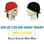 Red and black head wraps displayed on mannequins with white bases advertising solid color doo rags made of 100% cotton in a simple retail setting