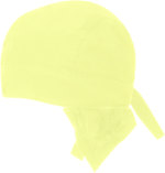 A bright yellow bandana is positioned slightly to one side showcasing its triangular tails and rounded cap shape. It appears lightweight and is typically used for headwear or protection.