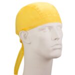 A yellow bandana is positioned on a white mannequin head. The bandana fits snugly around the forehead with ties hanging down the sides  depicting a casual and functional style.