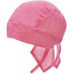 A pink fabric headscarf is displayed with ties on the sides suggesting a snug fit this item could be used for sun protection or cultural purposes in various settings.
